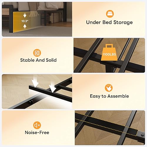 Miniatura 8 de LIKIMIO Base de cama Queen con cabecera de almacenamiento y luces LED, plataforma de metal con estación de carga, sin ruido, no necesita somier,