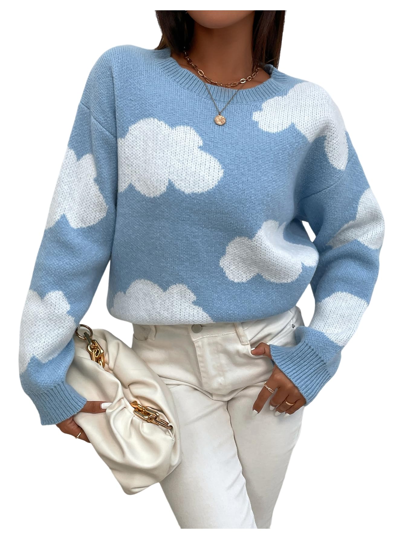 Womens Cloud Graphic Sweaters Crew Neck Long Sleeve Knit Pullover Tops Streetwear