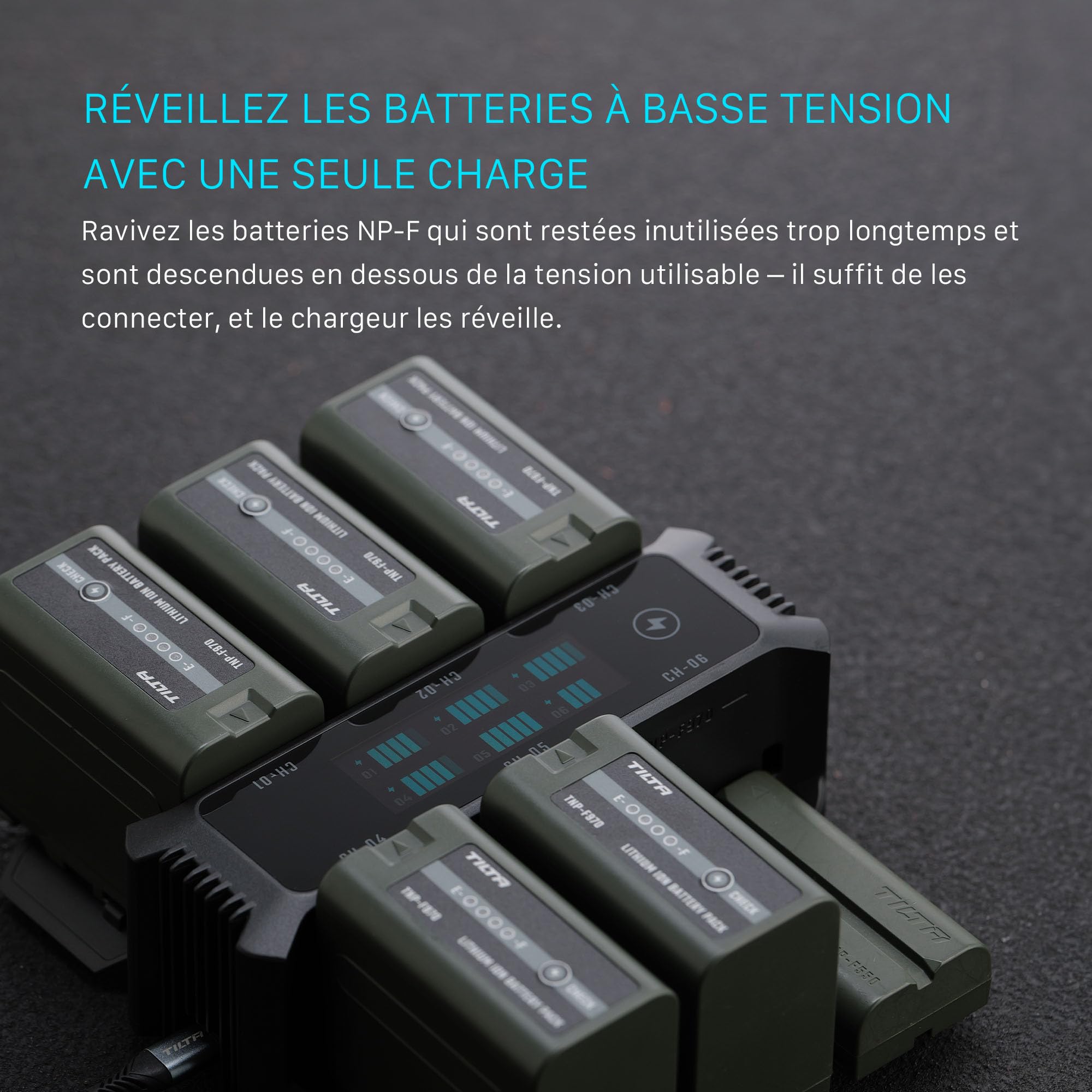 Tilta NP-F Chargeur Compatible avec Sony NP‑F970/F750/F570/F550 Batterie | Charge rapide 100W PD/QC,6 slots chargent 6 batteries,Refroidissement ventilateur régule temp,Écran affiche niveau batterie