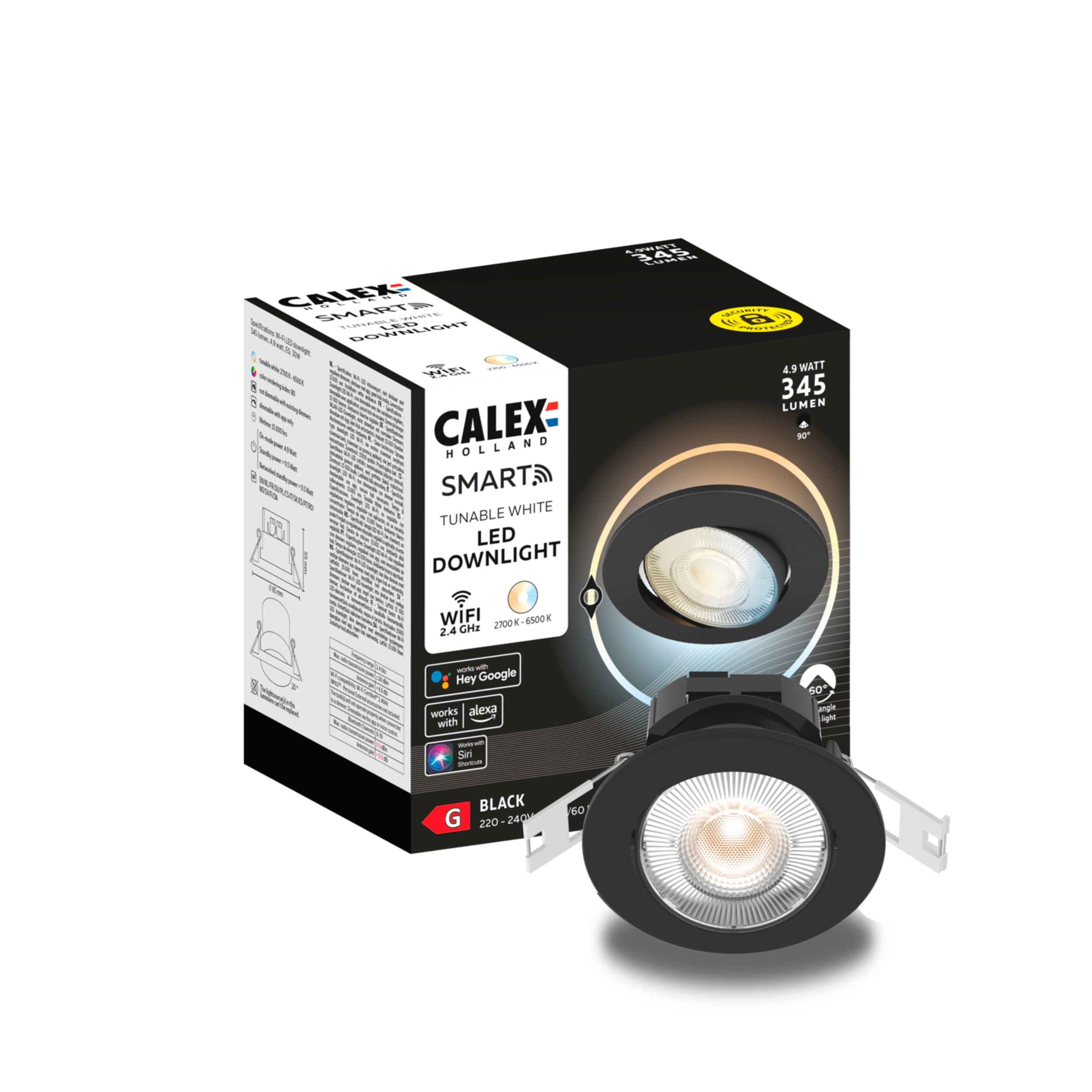 CALEX - Smart LED Downlight Black, WiFi Recessed Ceiling Spot Light, CCT, App and Works with Amazon Alexa and Google Home, Dimmable, 5W