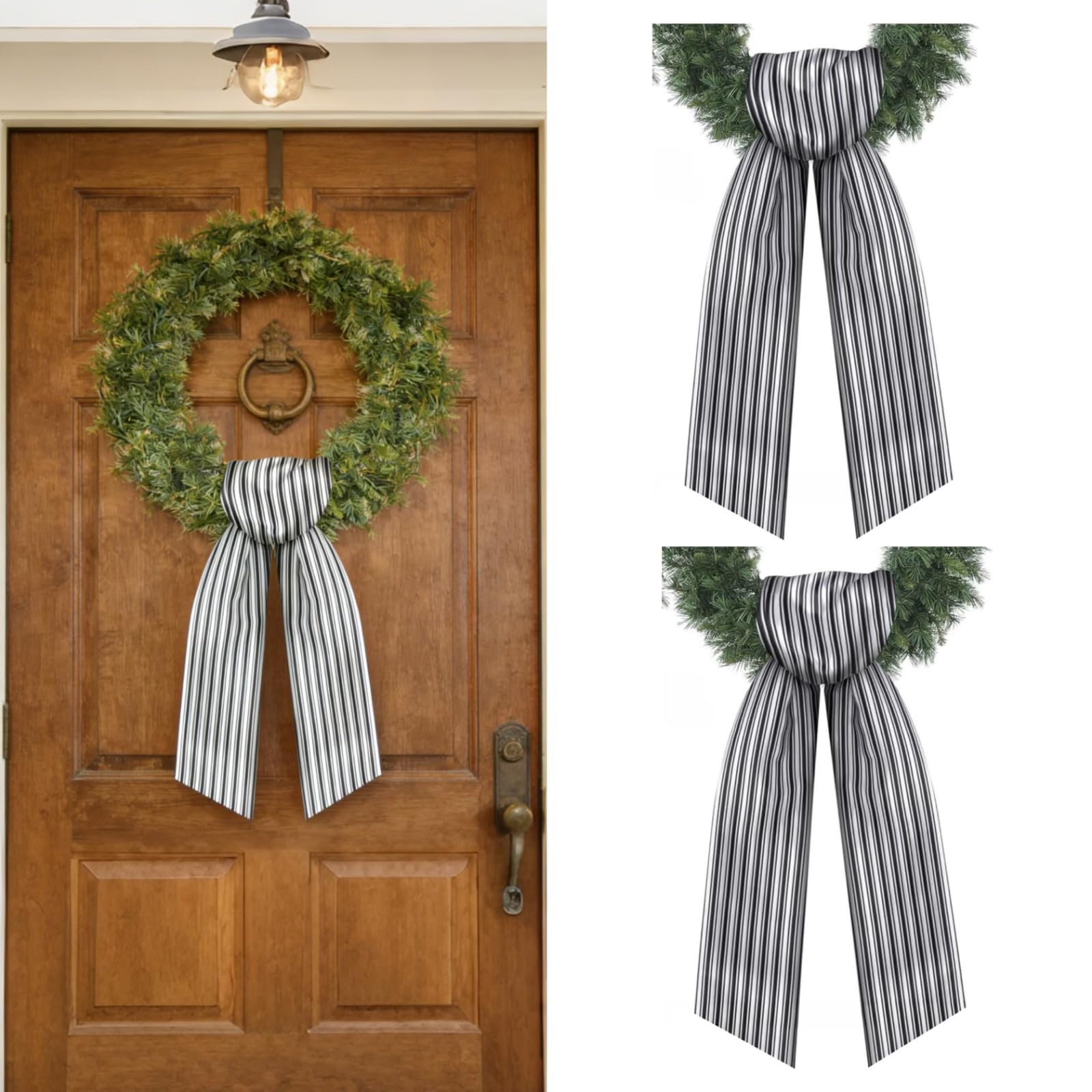 Dream Loom Wreath Sash for Front Door, 2Pcs Black and White Stripe Wreath Sash Accessories for Yard Doorway Indoor Outdoor Wall Ribbon Bow Home Decor