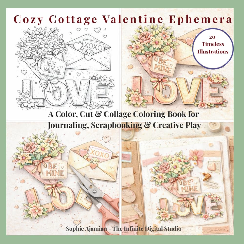 Cozy Cottage Valentine Ephemera: A Color, Cut & Collage Coloring Book for Journaling, Scrapbooking & Creative Play