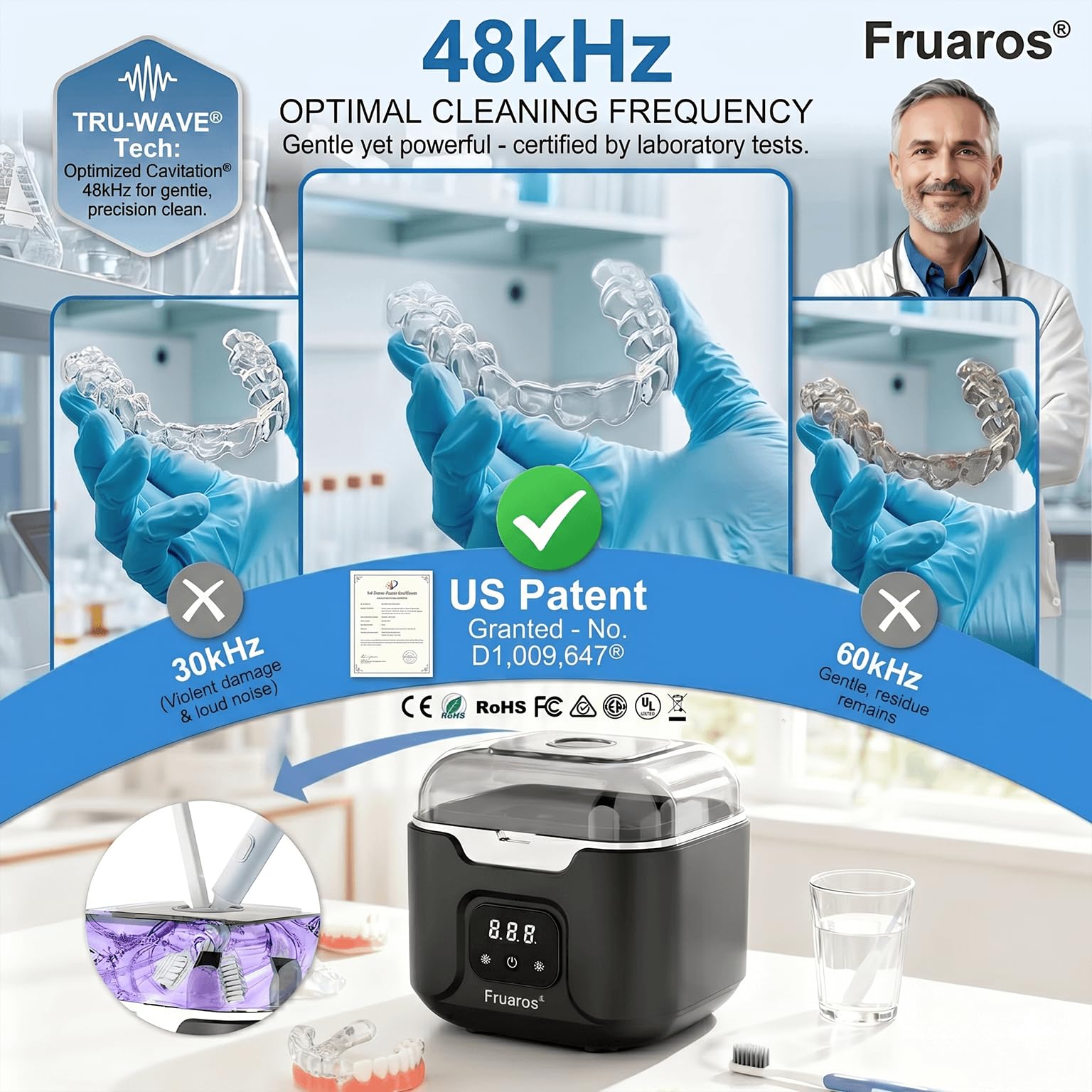 Ultradźwiękowa maszyna do czyszczenia protez, ultradźwiękowa myjka do protez 48 kHz z timerem i 4 trybami, kapsuła dentystyczna 240 ml, do ochraniaczy ust, aparatów ortodontycznych, korektorów