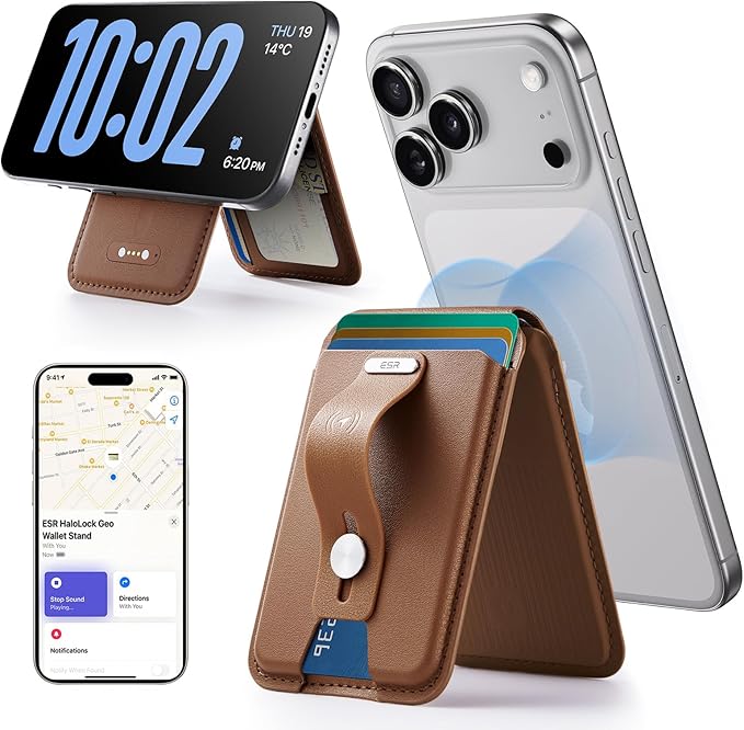 ESR Geo for Magsafe Wallet with Full Find My Functionality,5 Card-Holder, RFID Blocking, Magnetic Wallet for iPhone 17/16/15/14/13/12 Series, with Adjustable Stand, Brown