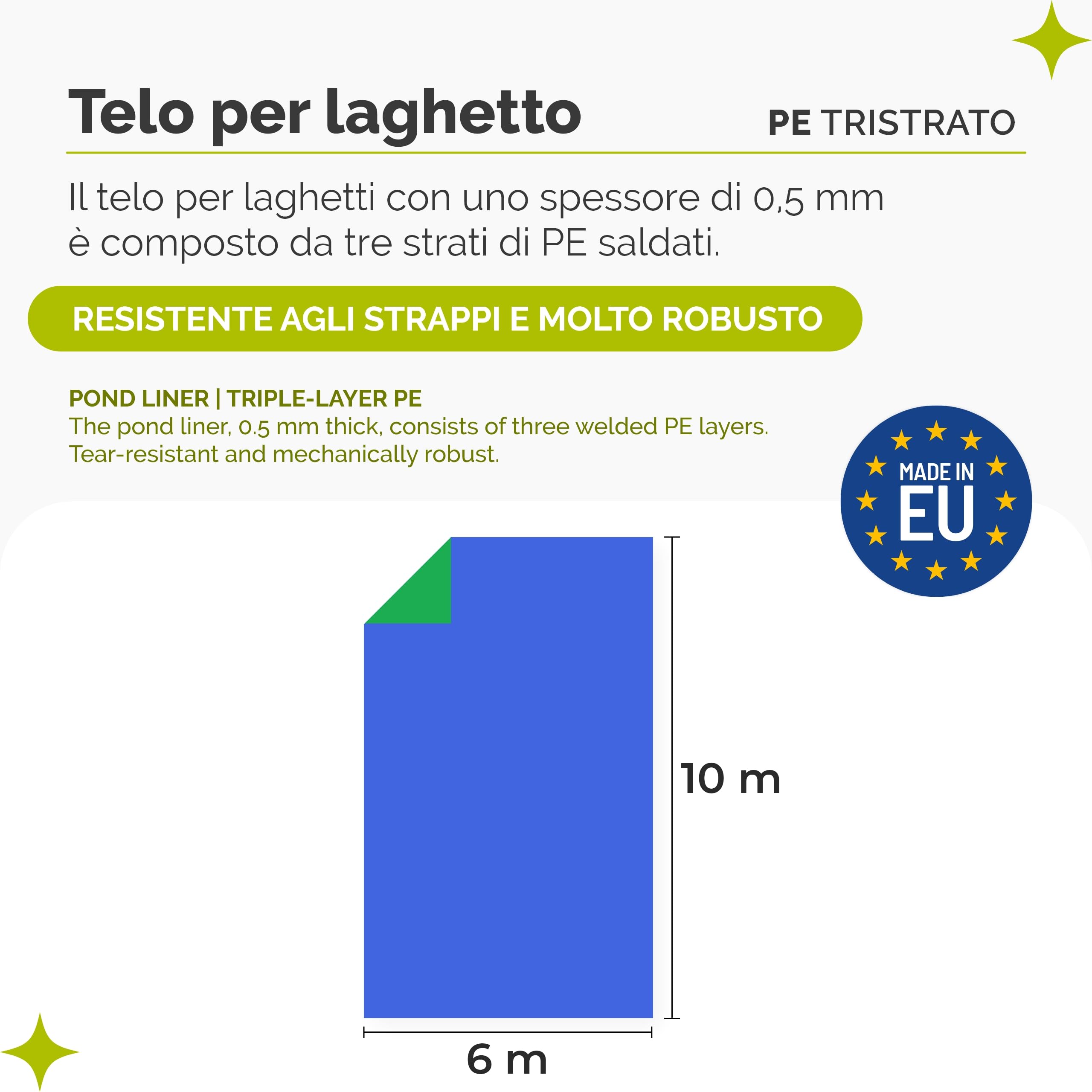 Garronda 6x10 m Telo per Laghetto 0,5 mm 3 Strati Blu-Verde GD-0256