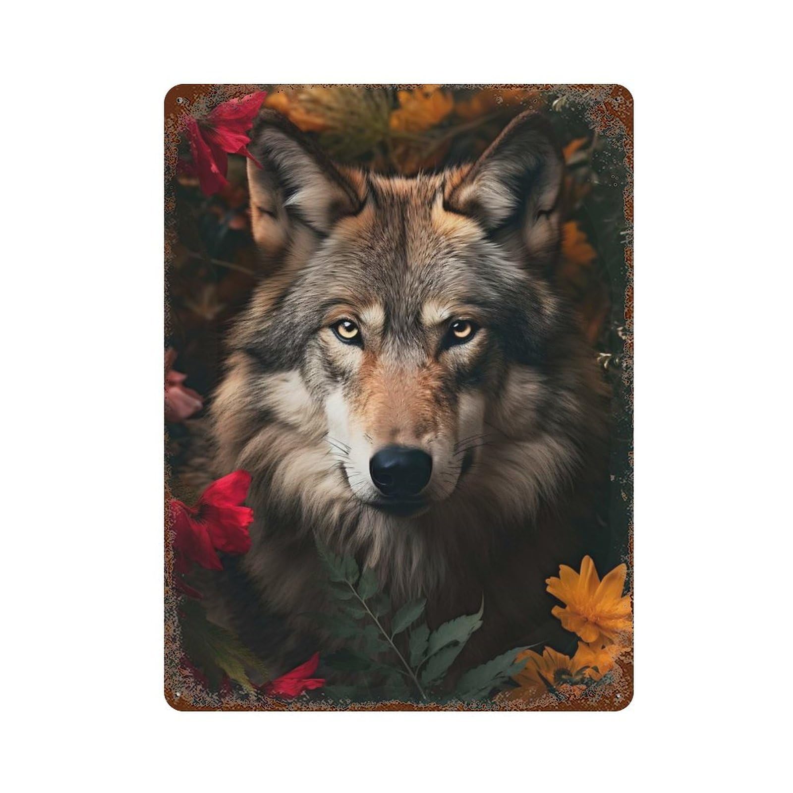 Wolf Flowers 4 Decorative Tin Sign 15.7"x11.8", Vintage Wall Decor for Basement, Hobby Room And Garage Decor