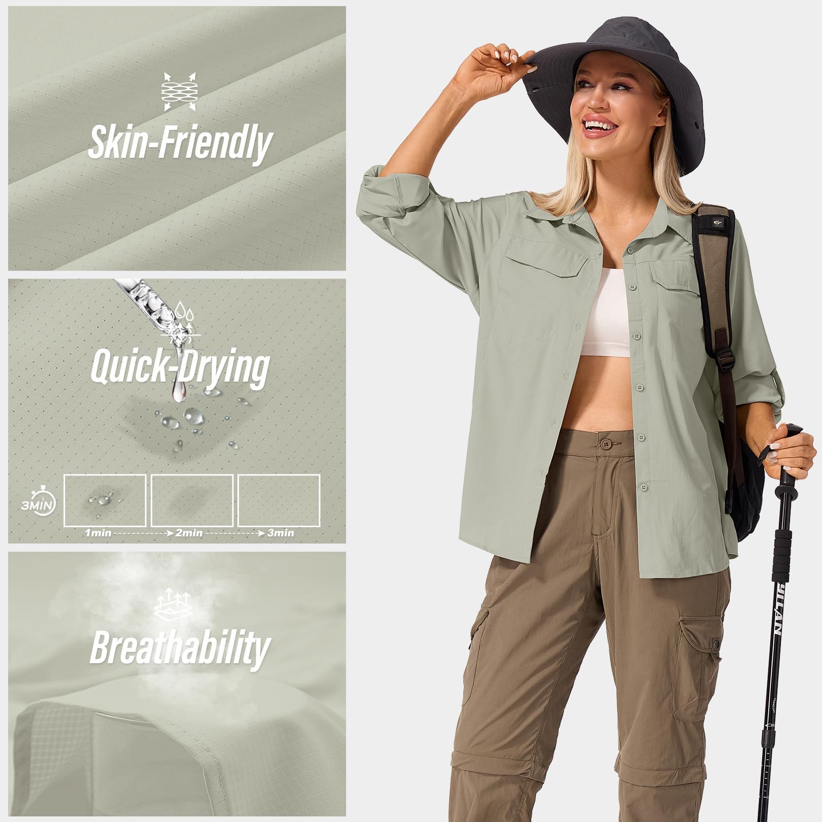Jessie Kidden Camisas de manga larga para mujer, protección UV, safari, senderismo, pesca, UPF 50+, secado rápido, enfriamiento, camping, viajes