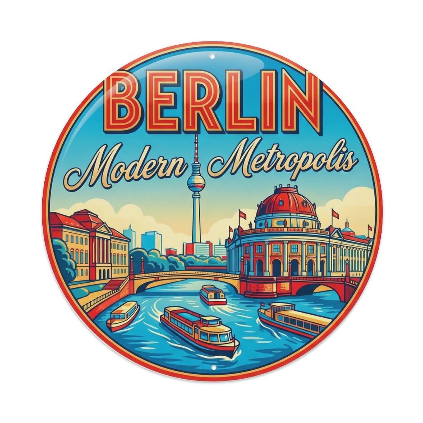Vintage Travel German Capital Historic Metal Tin Sign Plaque Wall Decor for Cafe, Club Bar, Office, Home Garden Round Metal Poster 8x8Inch