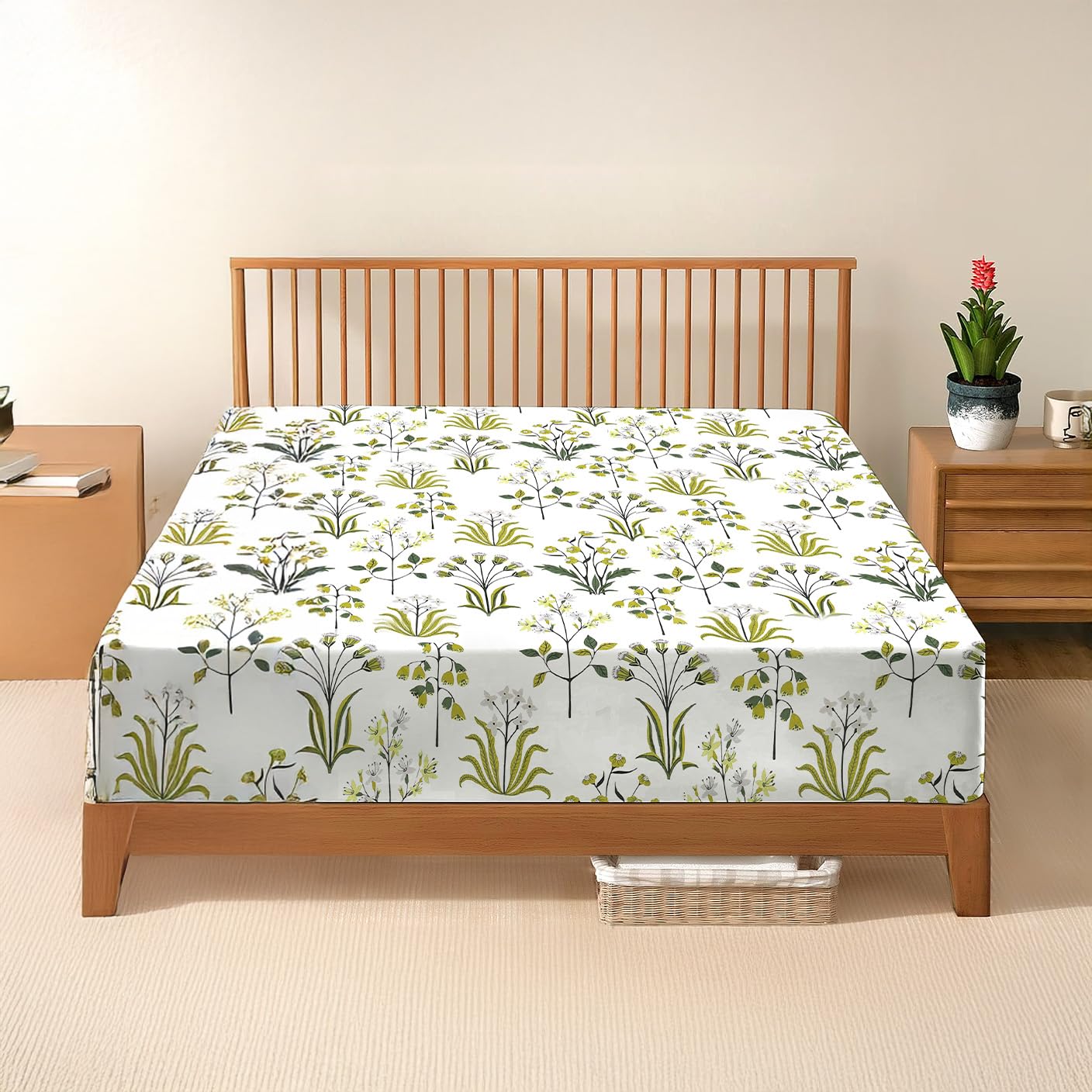DANYDude 100% Egyptian Cotton Floral Printed Double Fitted Sheet 400 Thread Count Fitted Sheets Double Soft & Machine Washable 30cm/12” Extra Deep Fitted Bed Sheets Room Decor — image 1