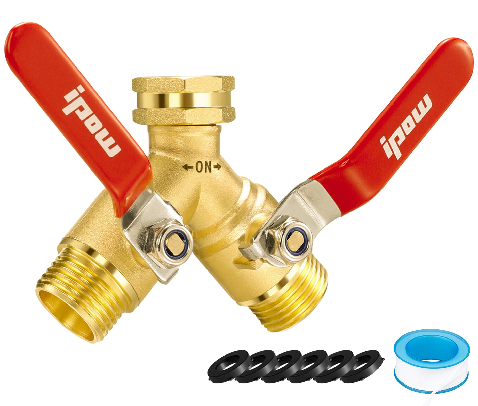 IPOW Brass Garden Hose Splitter 2 Way With 304 Stainless Steel Long Handle Outdoor Full Flow Hose Splitter Connector 3/4" GHT Thread Y Valve Water Garden Hose Tap Adapter
