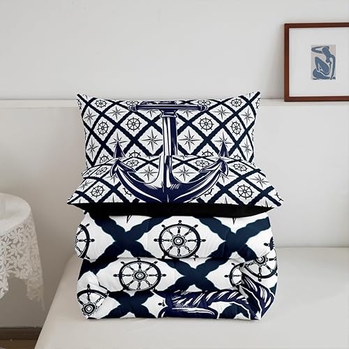 Miniatura 4 de Juego de ropa de cama de ancla náutica, tamaño Queen, juego de edredón azul marino con temática oceánica, relleno de edredón de brújula retro,