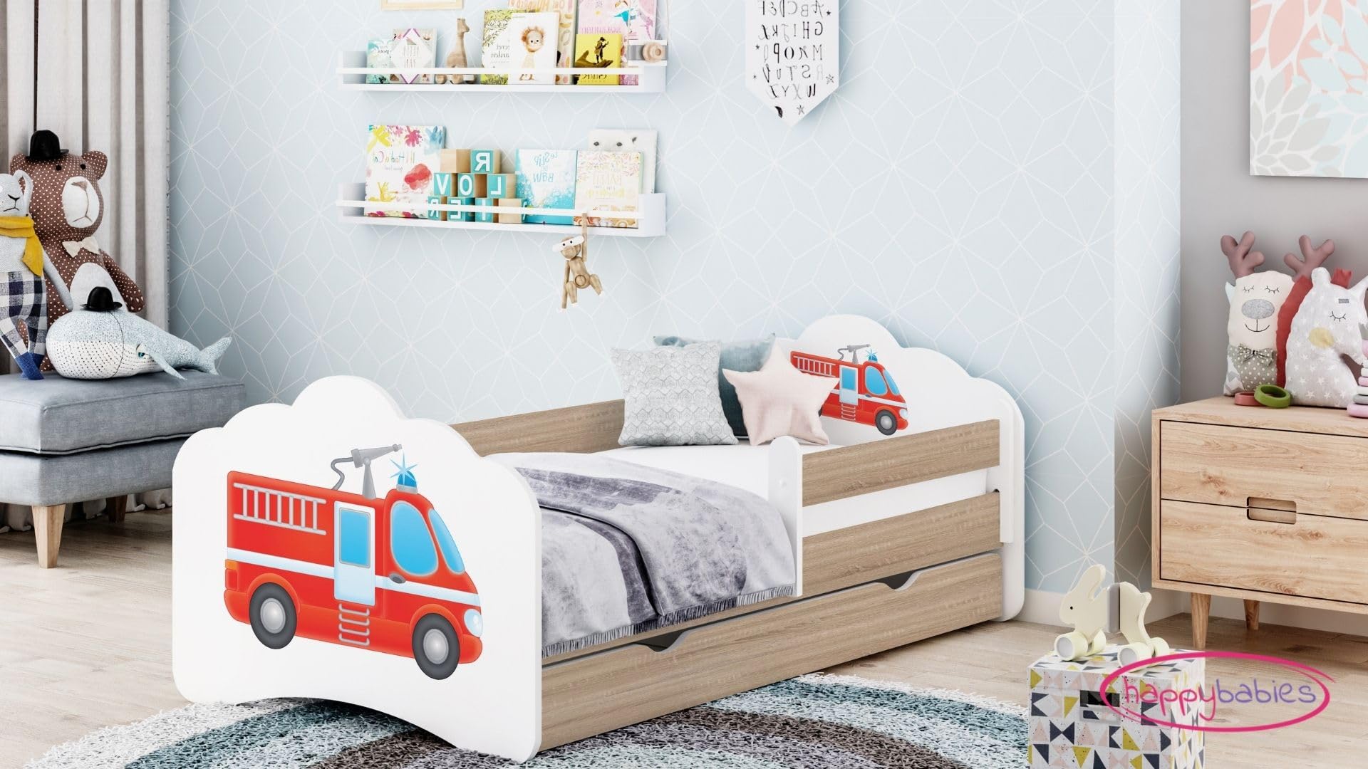 Happy Babies – Letto per Bambini Double Face con cassetto Estraibile, Design Moderno con Bordi sicuri e Materasso in Schiuma anticaduta, 7 cm (70. Settantesimo Pilota da Corsa, 160X80