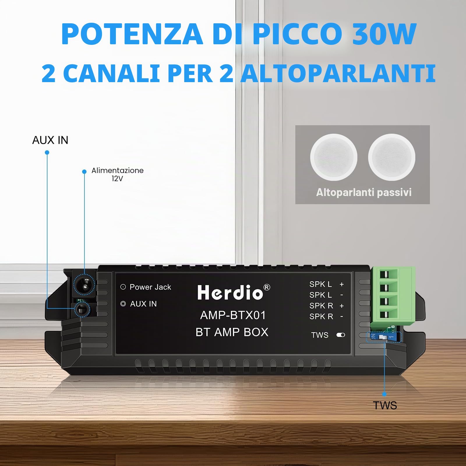 Herdio Bluetooth Home Audio Amplificatore 2 Canali Ricevitore Sistema per Altoparlanti Passivi con AUX TWS Adatto per Soffitto Marine Home Theater Garage Esterno Indoor