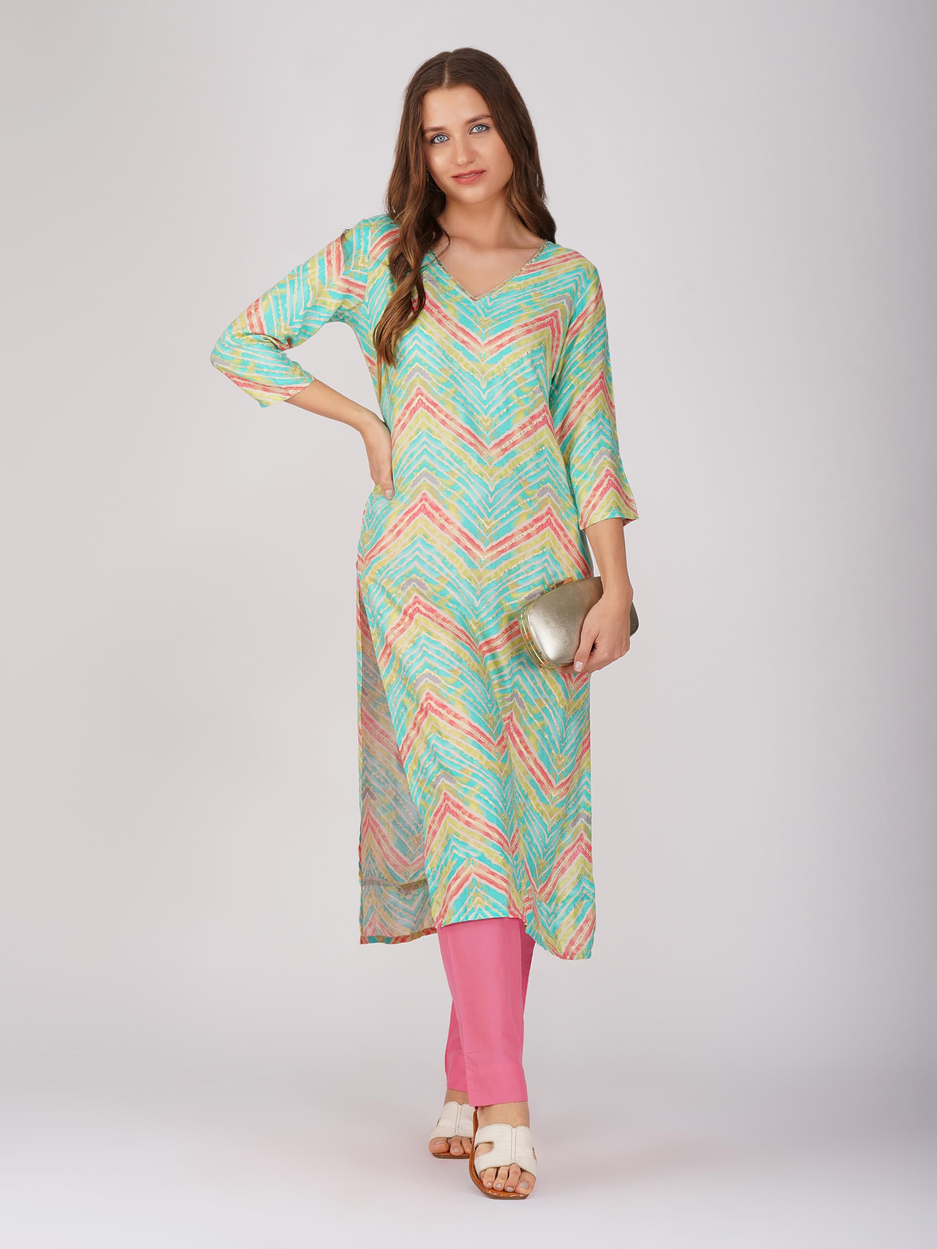 Rytras Women's Foil Printed Straight Kurta(Ryt557,Green,L)
