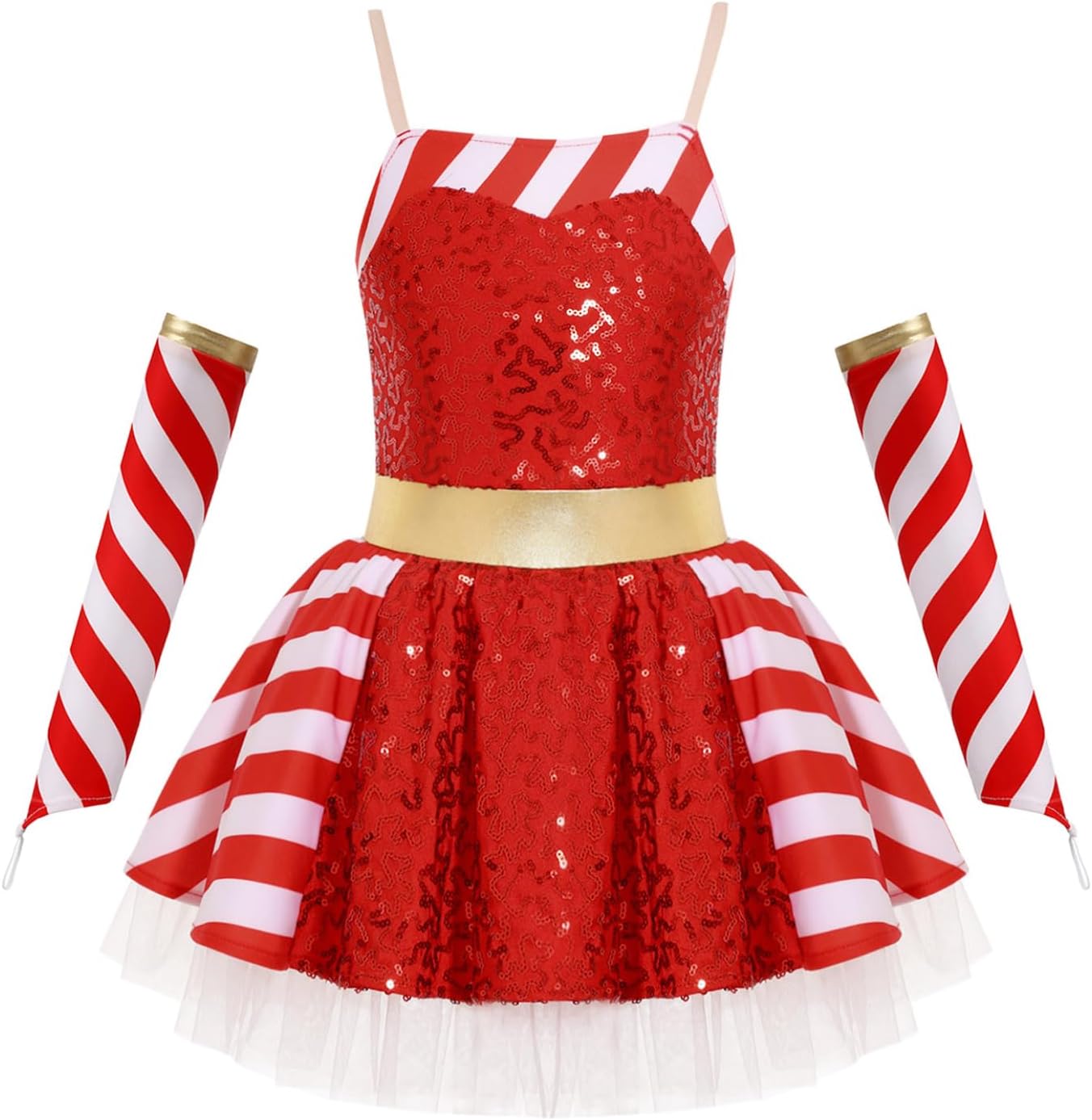 Kids Girls Sleeveless Striped Sequins Tutu Dress Christmas Dance Dress with Oversleeves for Stage Show
