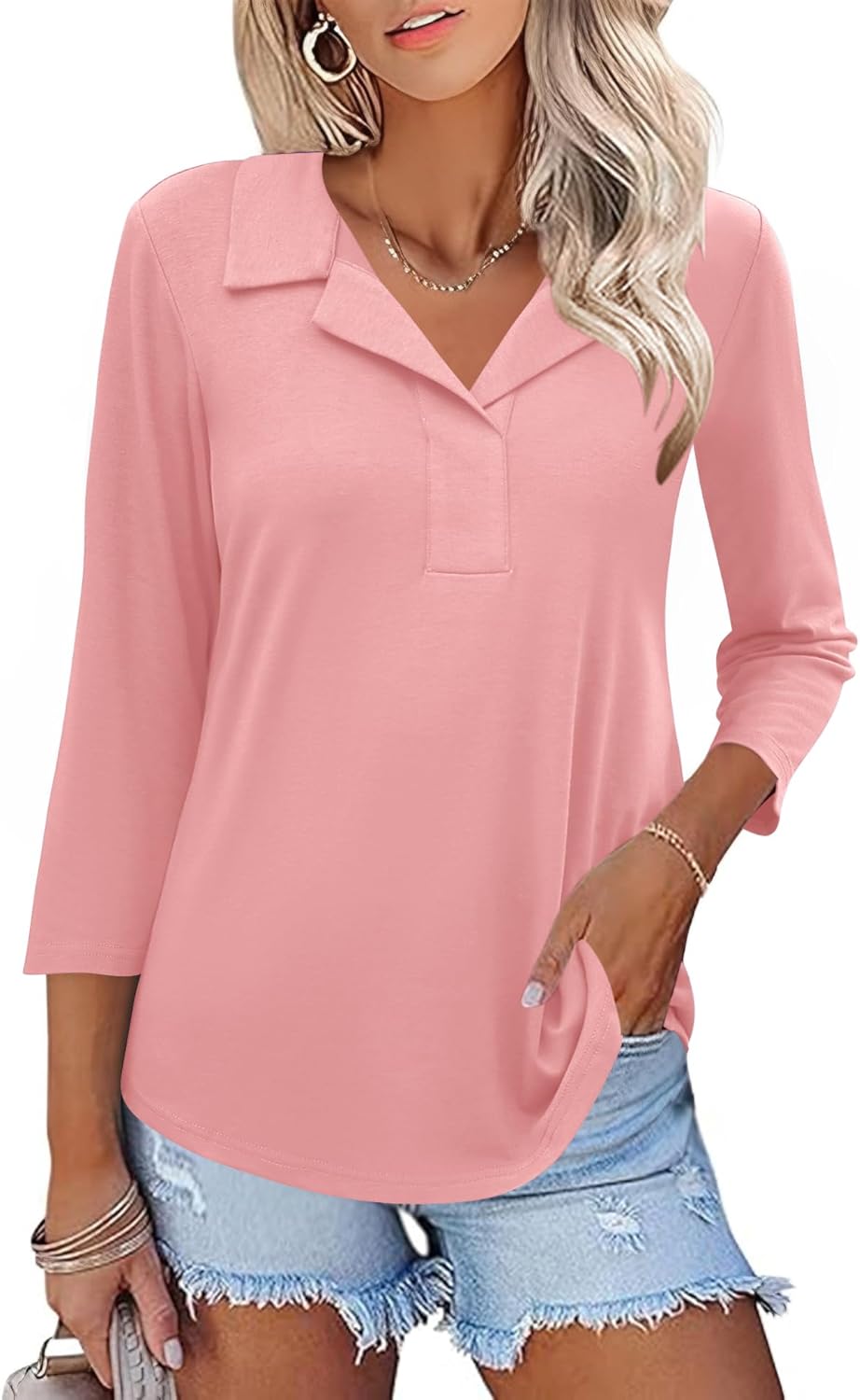 LUYAA Womens Polo Shirts 3/4 Length Sleeve Tops Collar V Neck Business Casual Blouses LUYAA Womens Polo Shirts 3/4 Length Sleeve Tops Collar V Neck Business Casual Blouses