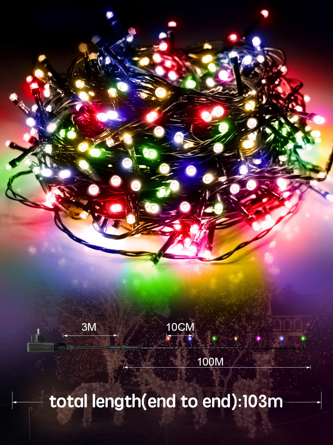 ARKOCHIC Luci Albero di Natale, 100M 1000 LED Luci Natalizie da Esterno ed Interno, 8 Modalità con e Telecomando Luci di Natale per Giardino, Balcone, Casa, Festa (Multicolore)