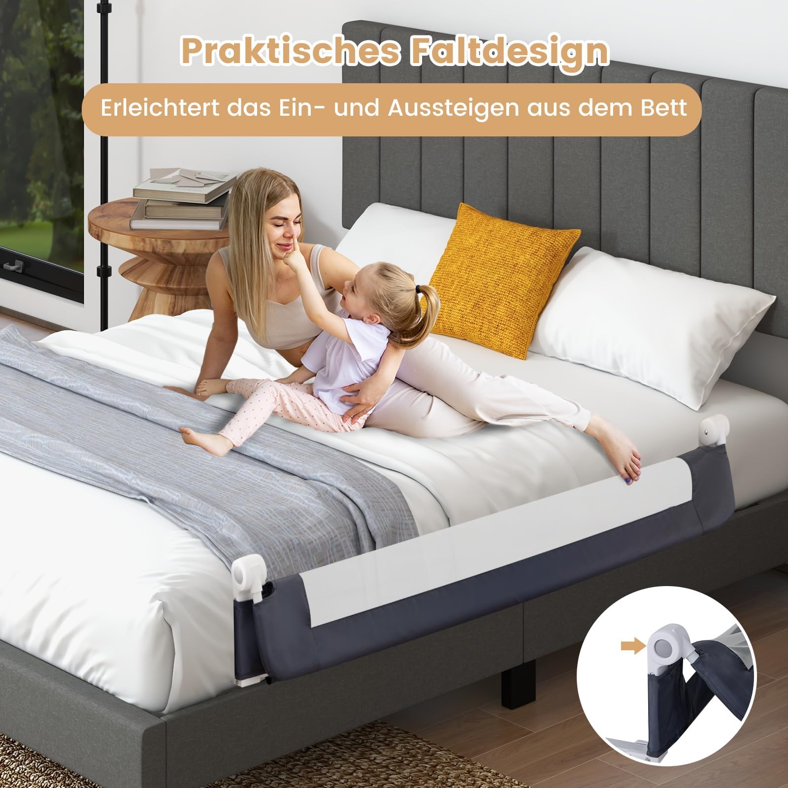 FANTASK Bettschutzgitter klappbar mit Verstellbarer Gurte, EIN-klick-Faltung, Bettgitter Rausfallschutz Bett 180° faltbar für Kinderbett, Boxspringbett & Elternbett, 150 x 42cm (Grau)
