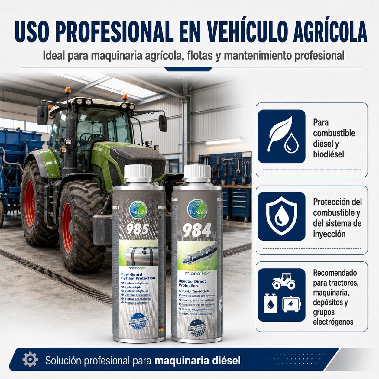 Kit Diésel Aditivos Tunap 985 + Tunap 984 500 ml Aditivos para Tratamiento de Combustible y Protección de Inyección Common Rail Diésel, Biodiésel, Flotas y Maquinaria