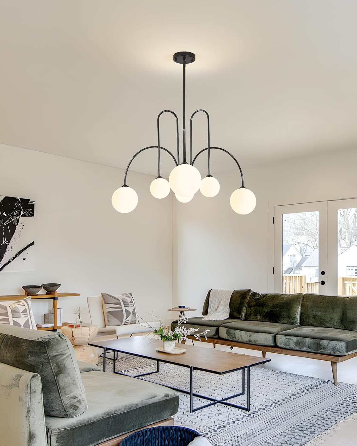Modern Black Chandelier, 6 Light Mid Century Sputnik Chandeliers, Dining Room Chandeliers with Milk Glass Globe Shade, Globe Chandelier for Dining Room, Living Room, Bedroom, Foyer,Kitchen