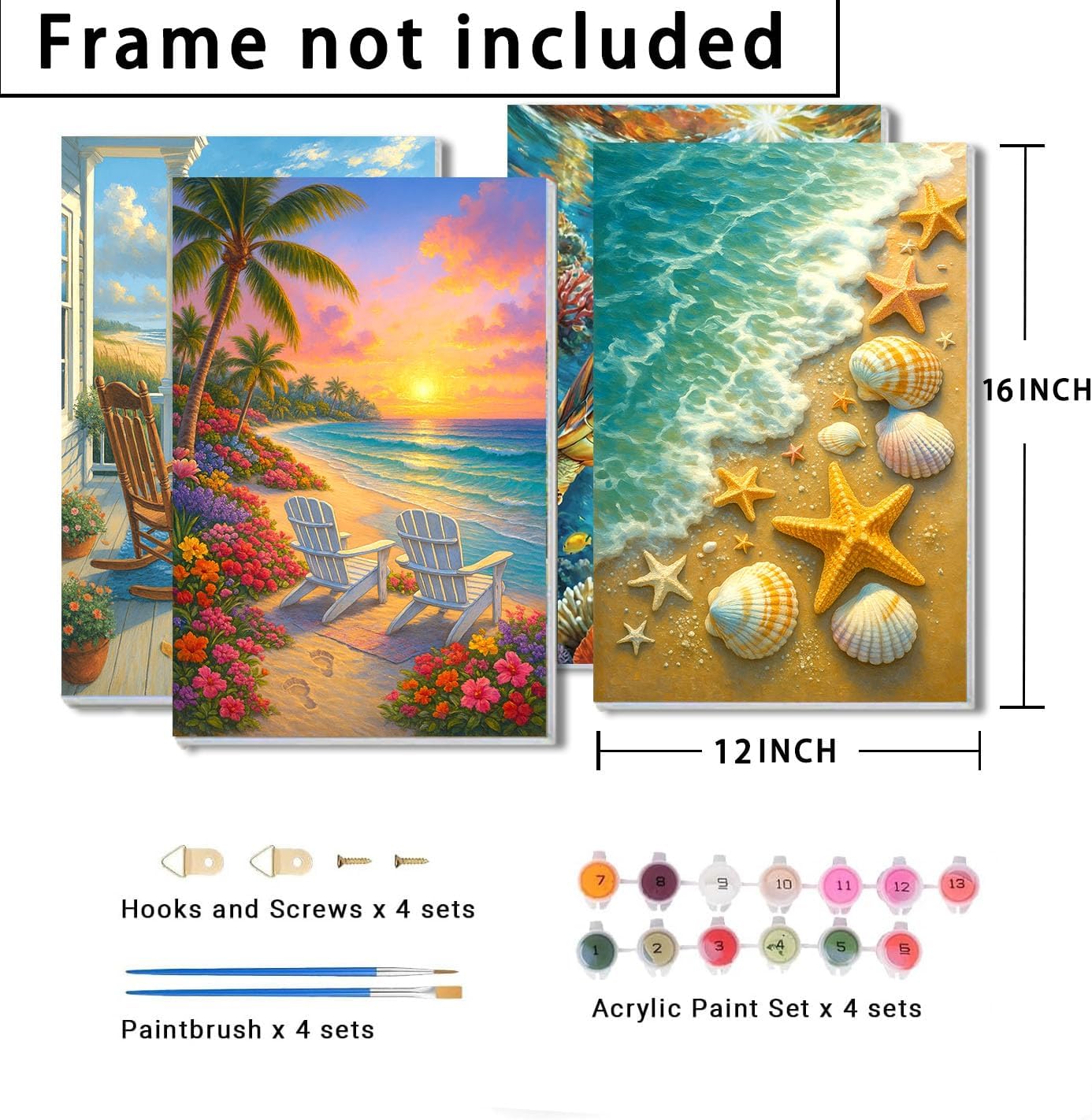 RRMRRM 4 Pack Paint by Numbers kit for Adults Beginner - Beach Adult Paint by Numbers on Canvas, DIY Sea Turtle Oil Painting Kits for Home Wall Decor Gifts 12x16 Inch