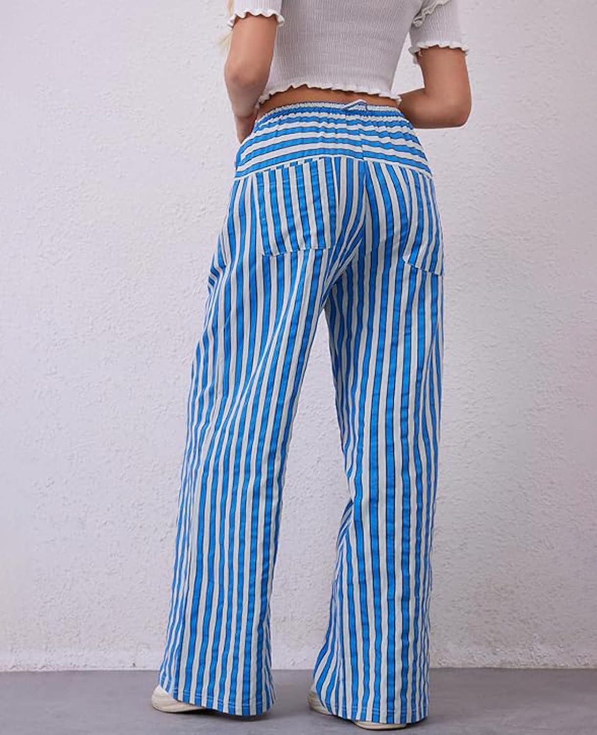 WOWULOVELY Women Casual Striped Drawstring Pants Wide Leg Pants with Pockets Elastic Trousers Loose Lounge Pajama(Blue-M) - Image 5