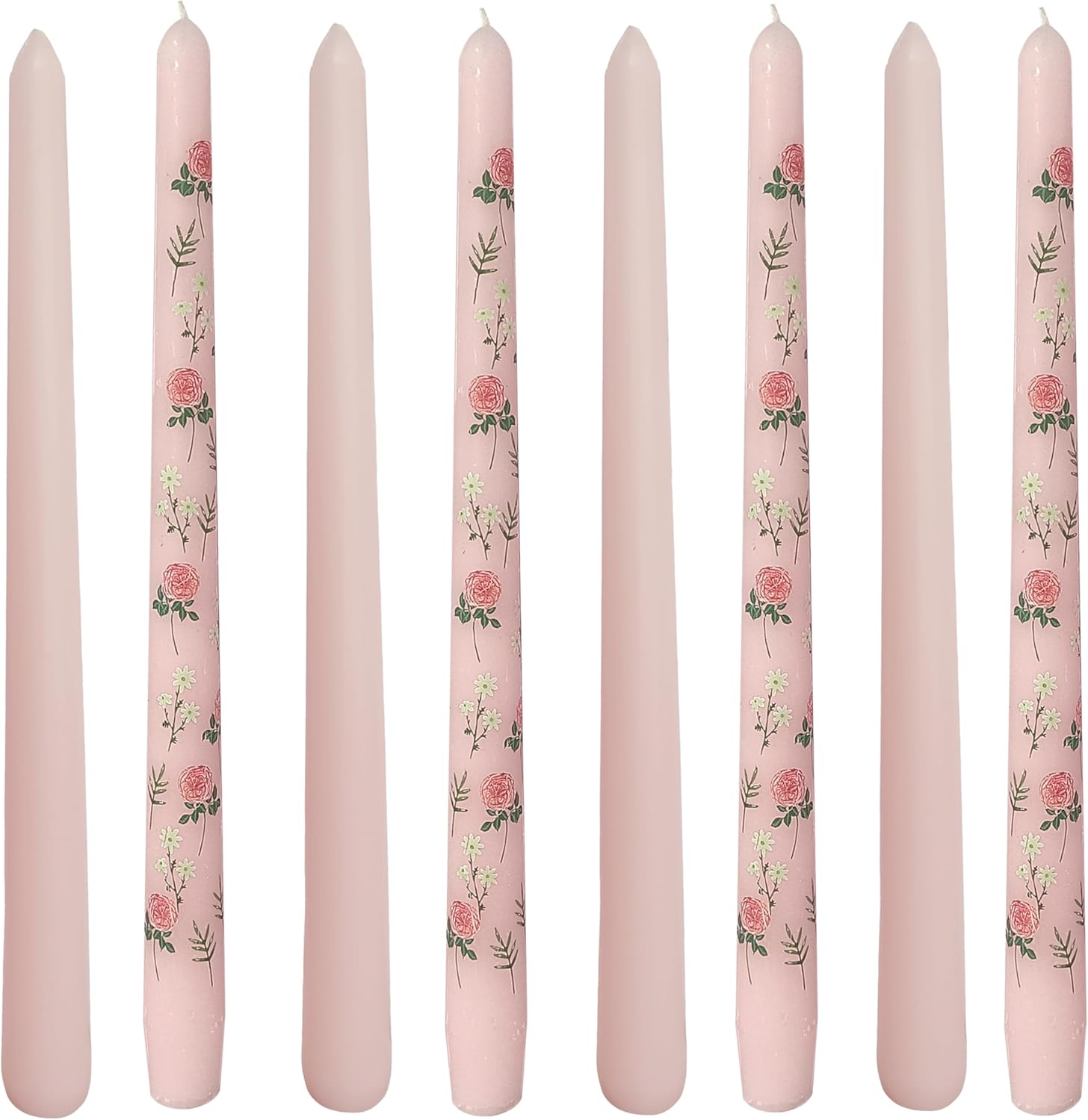 Rose Printed Taper Candle Smokeless- 8 pcs Handmade Pink Taper Candle - Dripless Uncented Candle 10 inches Long Flower Printed Tapered Candles for Home Party Wedding Restaurant Holiday Decor
