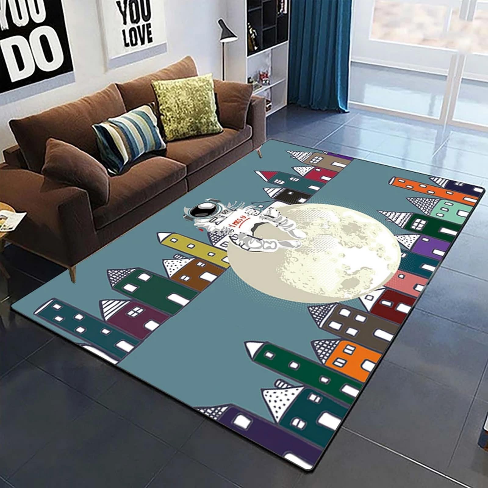 Tapis chambre enfant astronaute 3D pour espace de jeu doux antidérapant décoratif moderne