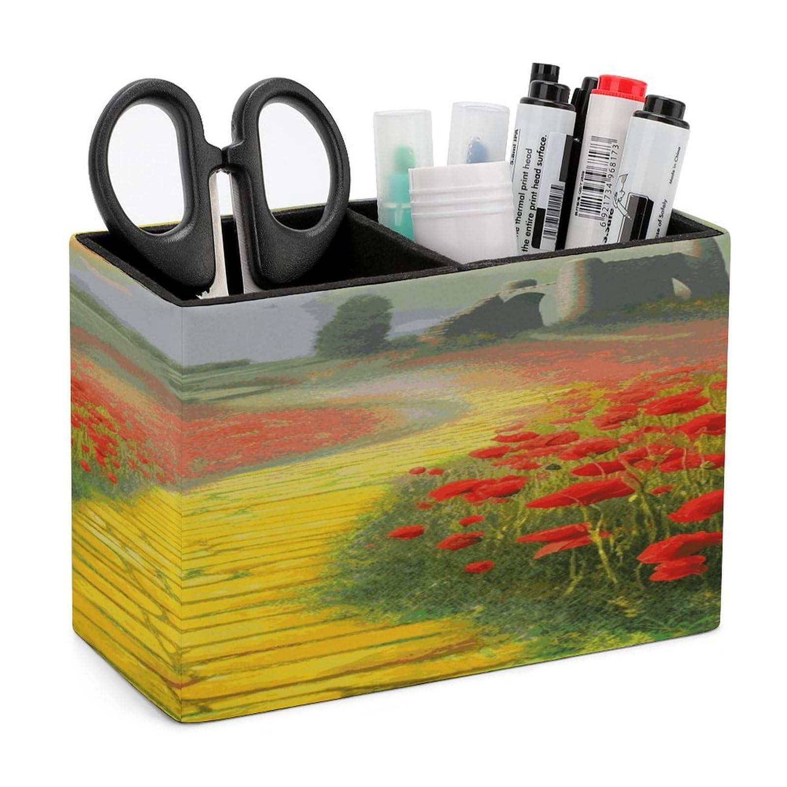 LDGSUPH Poppies Field Yellow Brick Road Leather Pen Holder for Desk Organizer Caddy Large Pencil Cup Multi-function Pencil Holder Makeup Brush Holders Pen Organizer for Home Office Storage Box