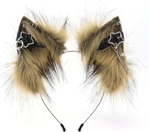 QinRuan Cat Ear HairBand Faux Fur Animal Ears Metal Chain Punk Dark Cosplay Custume Gothic Style Headwear