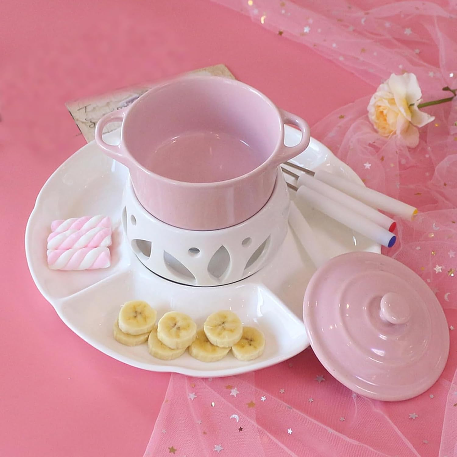 Mini Ceramic Fondue Mugs Gift Set,Chocolate Fondue Melt Mug,Ceramic Cheese Pot with Forks for Date Night,Birthday,Wedding Gifts, White