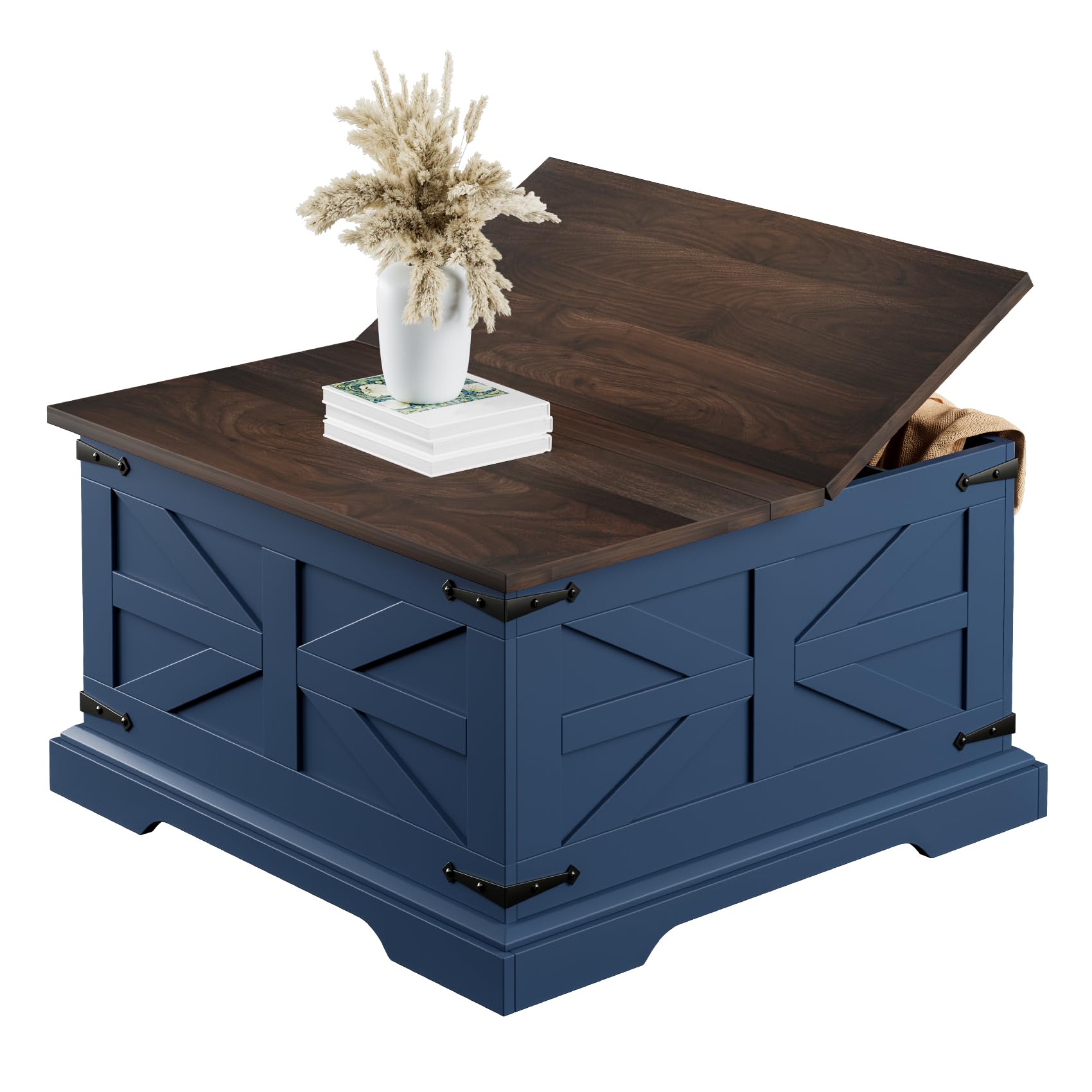 CBBPET Farmhouse Coffee Table with Large Hidden Storage Square Wood Living Room Tables Multi-Function Lift Wooden Barn Door