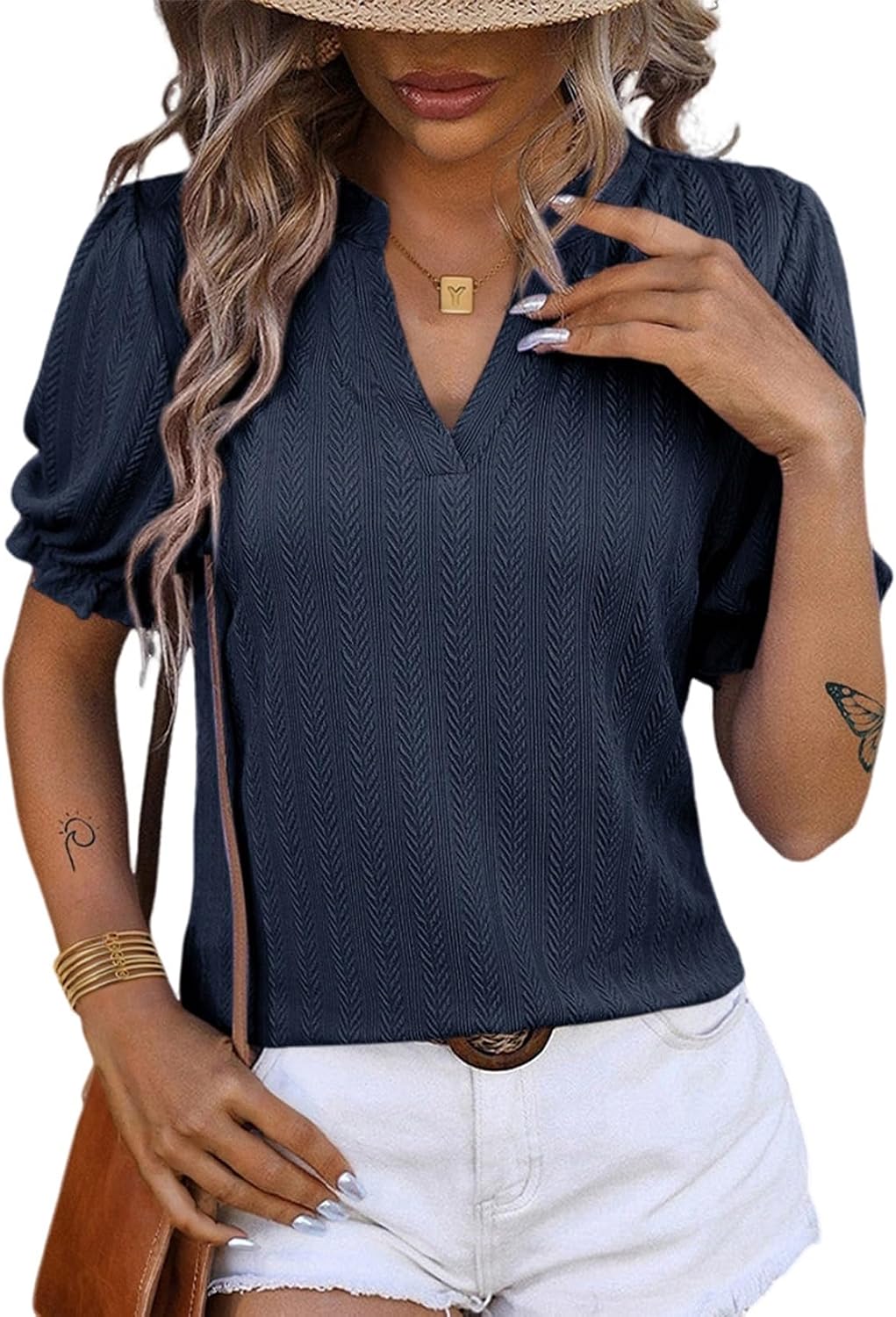 Dokotoo Womens Summer Short Puff Sleeves Blouses Shirts V Neck Cute Solid Knit Textured Casual Regular Fit Tops