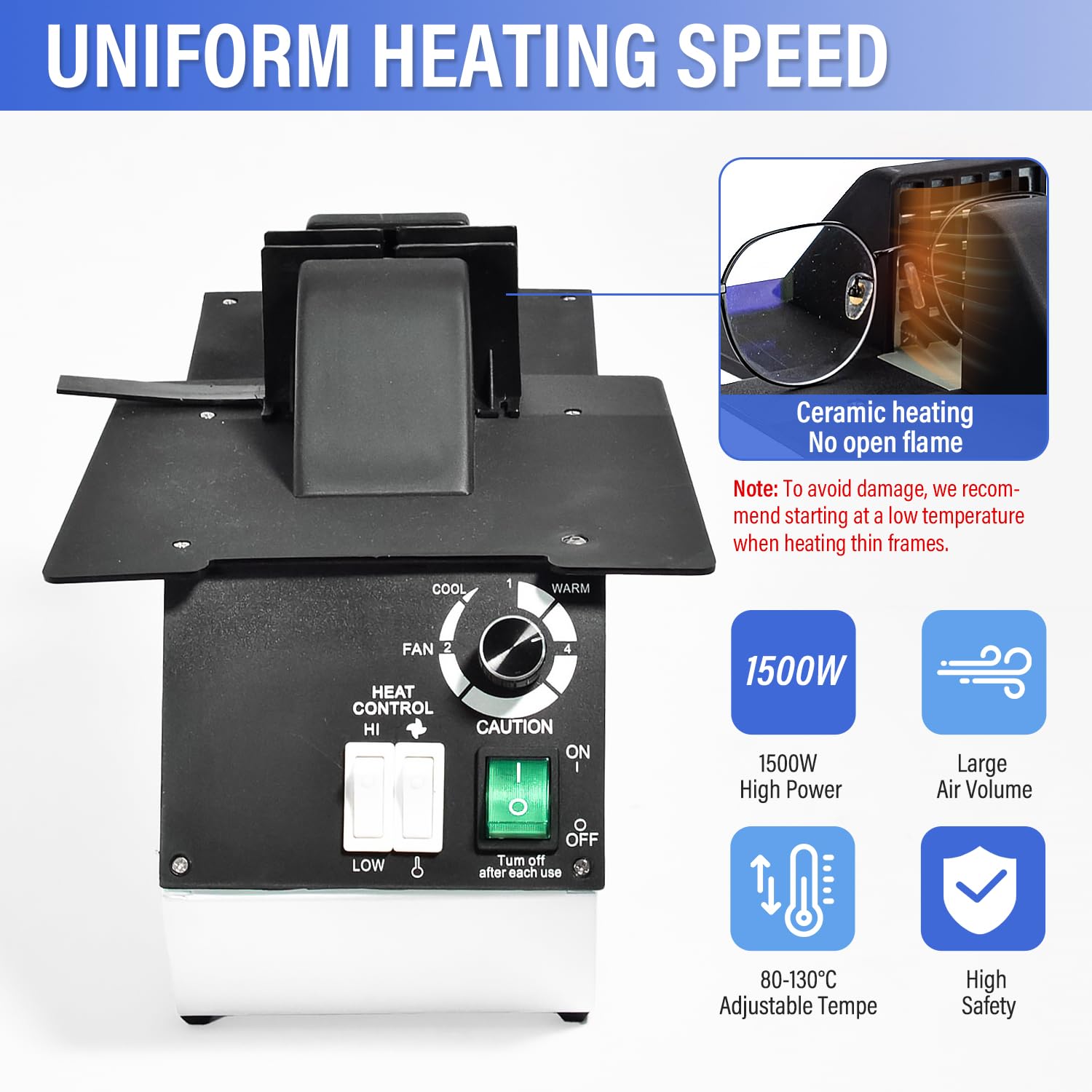 Eyeglasses Frame Heater, 1500W Optical Glasses Frame Heater Warmer, Eyeglass Heating Equipment, Hot and Cold Switching, 80?-130? Adjustable Temperature 110V