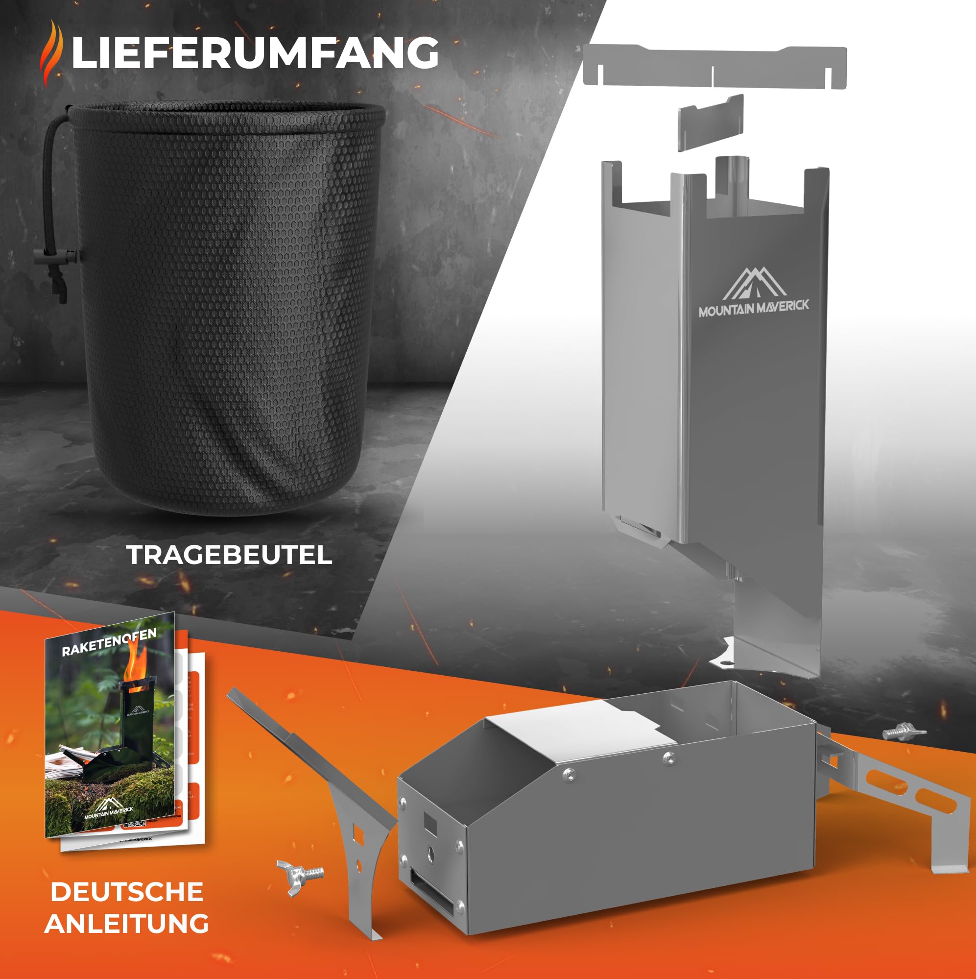 Raketenofen [kinderleichte Montage] ConvectionAirflowTechnology kompakt inkl. Tragetasche Campingkocher Campinggrill Outdoor Survival