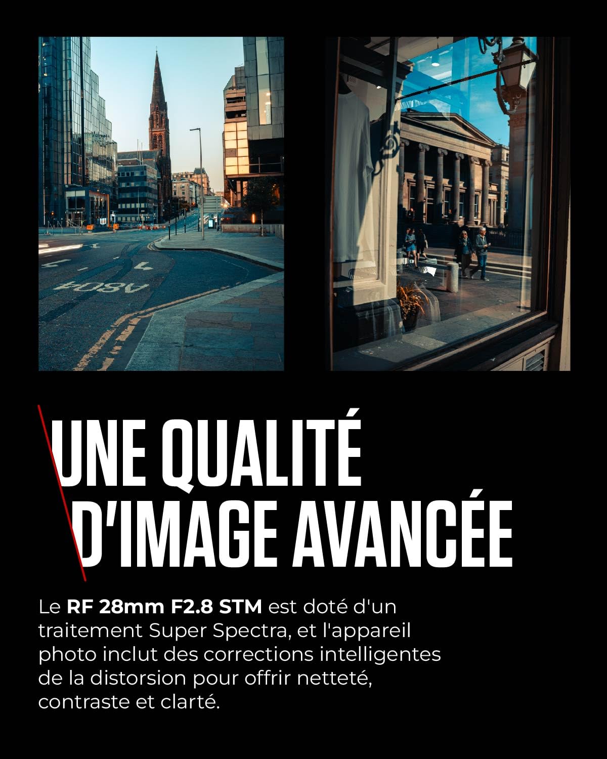 Objectif Canon RF 28 mm F2.8 STM, distance focale large, plein format, design "pancake", photographie paysage/voyage/rue, compatible Canon EOS R