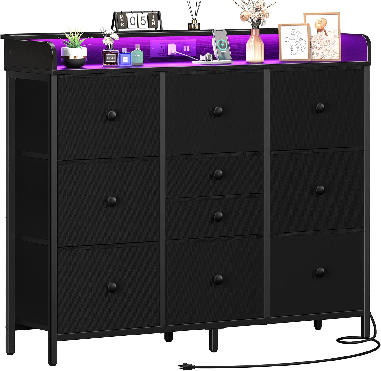 Yoobure Dresser for Bedroom with Charging Station and LED Lights, Tall TV Stand with 10 Storage Drawers, Fabric Wood Dressers & Chests of Drawers for Kids Bedroom Closet Organizer, Black
