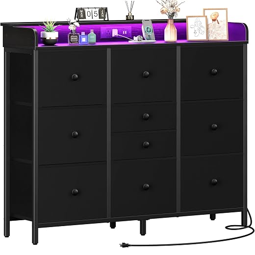 Yoobure Dresser for Bedroom with Charging Station, 6-Drawer Chest Furniture with LED Lights, Fabric Dressers & Chests of Drawers, Storage Tower Organizer Unit for Kids Room Closet Living Room Hallway