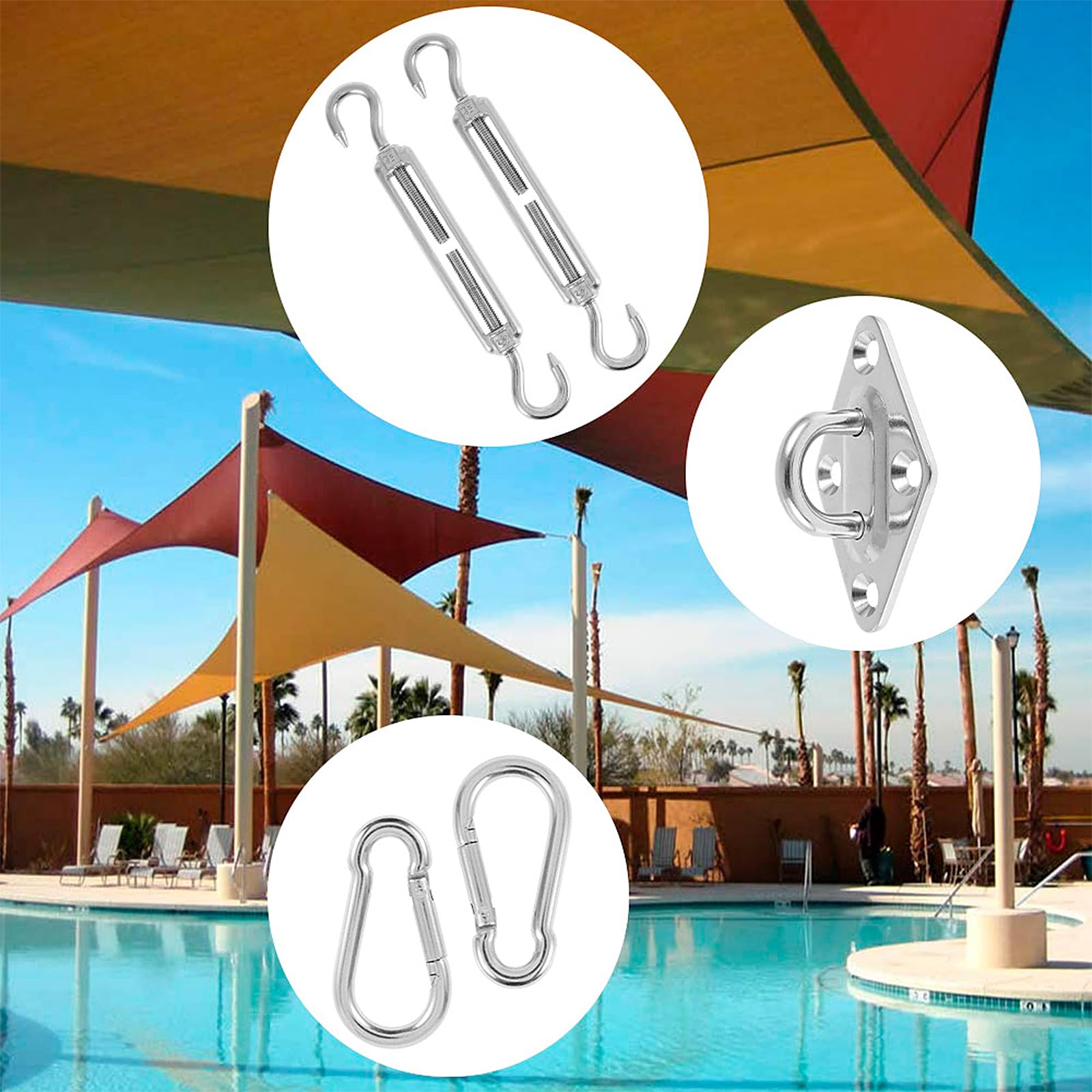 Kit de 80 piezas de accesorios para toldo, acero inoxidable 304 con tensores de 6 pulgadas para instalación de toldo rectangular triangular, resistente al aire libre, patio, jardín, pérgola, patio
