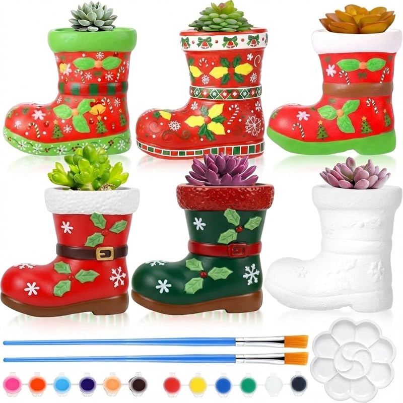 Pasimy 6 Set Ceramics to Paint DIY Succulent Planter Pots, Christmas Boot