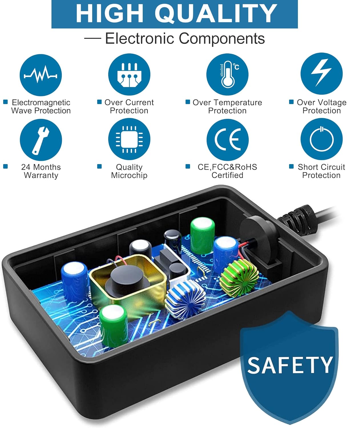 Internal view of the PwrON AC/DC Adapter highlighting electronic components and safety features