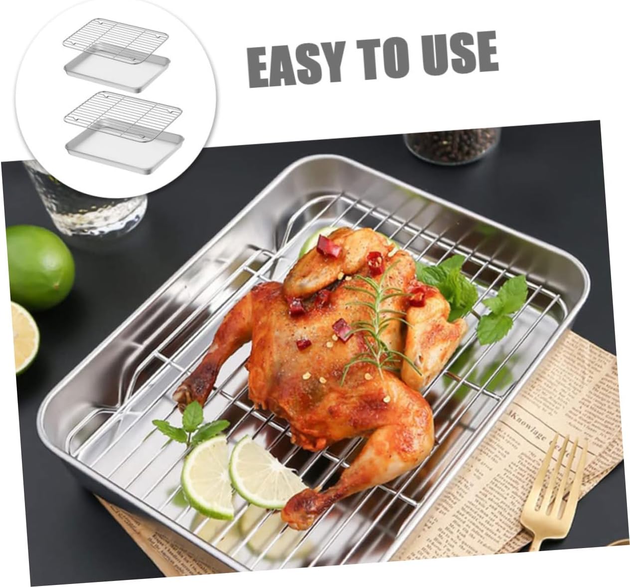 2sets Stainless Steel Baking Sheet with Wire Cooling Rack Oven Baking Tray for Muffins Cookies and Bread Compact for Easy Storage and Transport