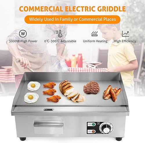 Miniatura 10 de WICHEMI Parrilla eléctrica de 22 pulgadas, parrilla comercial para encimera, parrilla plana de acero inoxidable antiadherente Teppanyaki para cocina