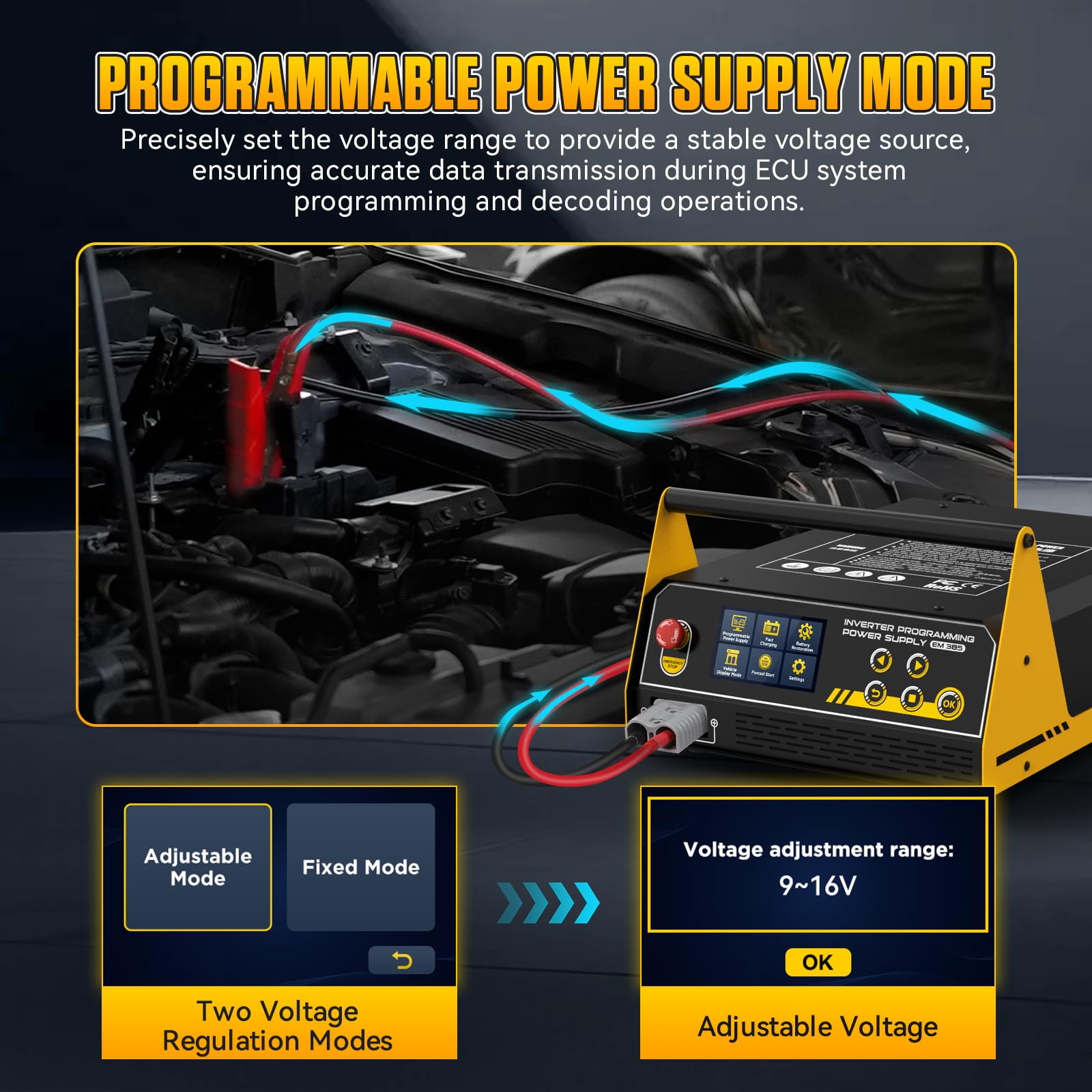Inversor de potencia automotriz EM385 Programación de ECU y fuente de alimentación de CC de 9-16 V ajustable Programación de potencia, carga rápida, arranque auxiliar y reparación de baterías de litio