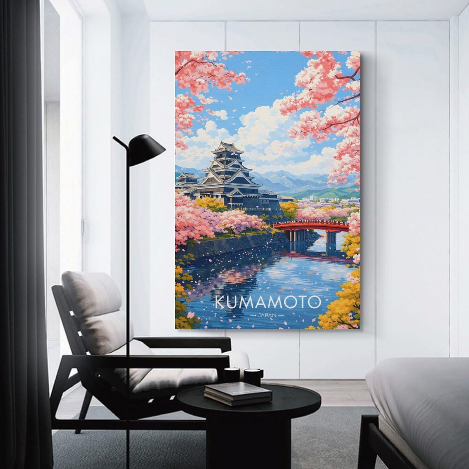Junmoney Kumamoto Castle with Cherry Blossoms Decorative Wall Artwork 20x30inch(50x75cm), for Home Lounge, Bedroom Or Reading Nook, Modern Wall Decor for Cosy Interiors