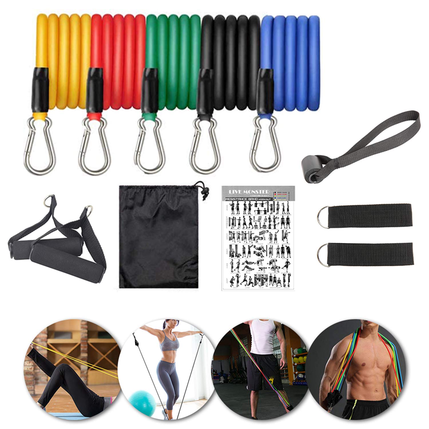 Zehong 11Pcs Fitness Resistance Bands Exercise Ropes Yoga Workout Elastic Pull Rope Belt, Portable Stretching Strength Training Chest Muscle Training Equipment Home Set, Stackable Up to 100 Lbs