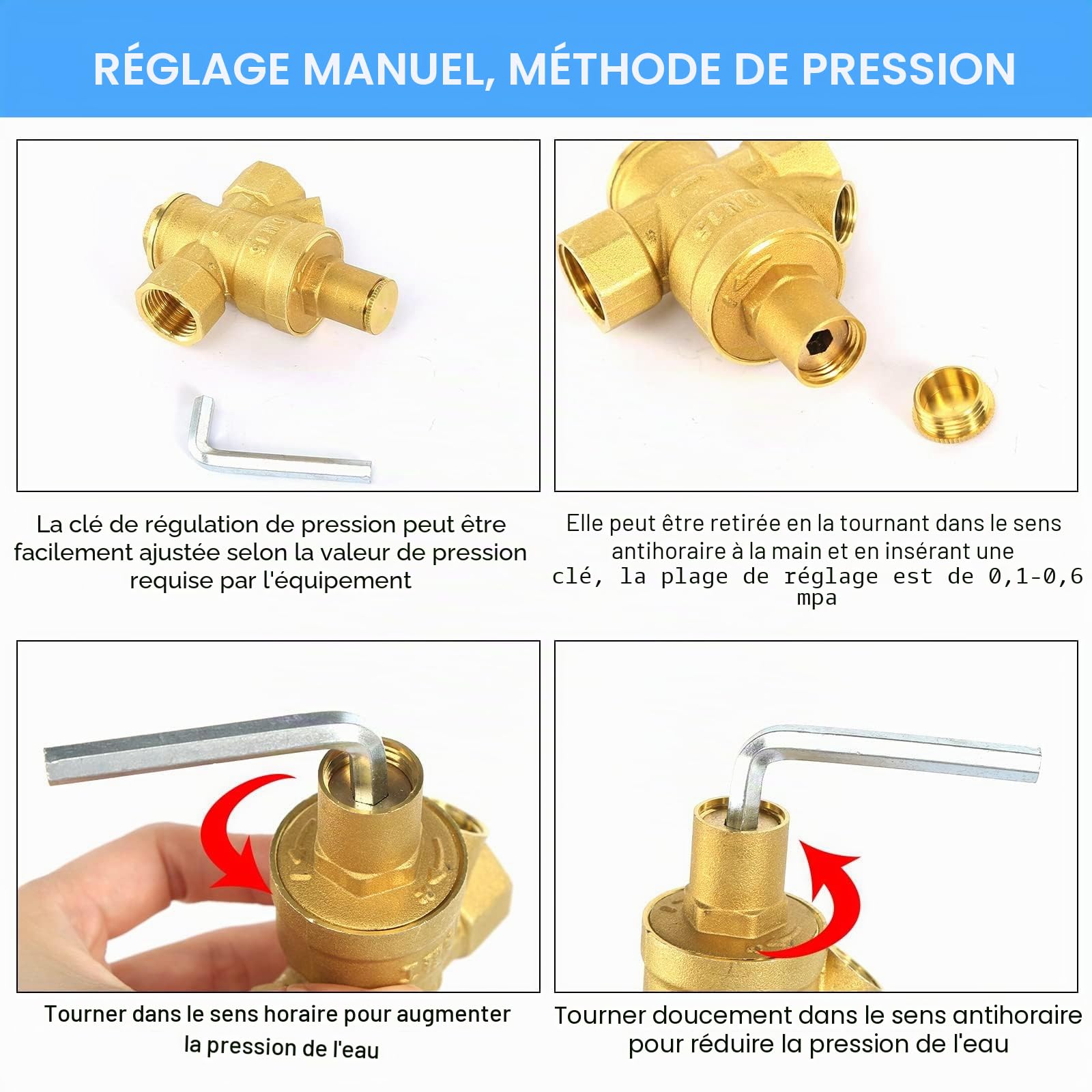 Reducteur de Pression eau DN15 1/2 Pouce Avec Manometre Pression eau, Fabriqué 100% en Laiton de Haute Dureté, Réducteur de Pression d'eau Limiteur de Pression Arrosage Regulateur de Pression d eau