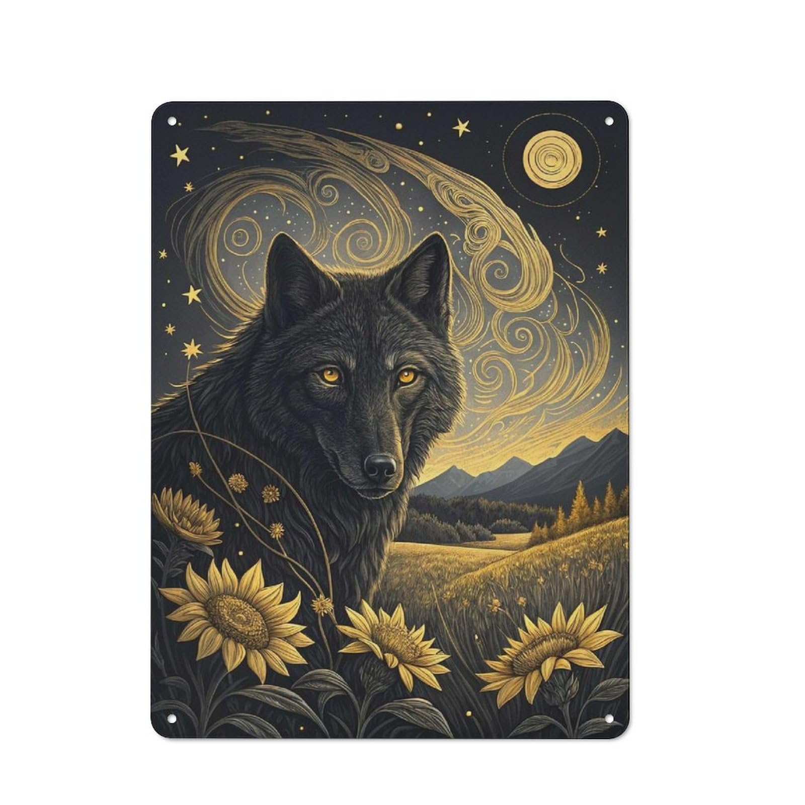 Junmoney Style-15 Wolf In A Starry Field Rustic Metal Plaque 40X30cm For Living Room Or Hallway, For Garage, Workshop And Man Cave Decoration