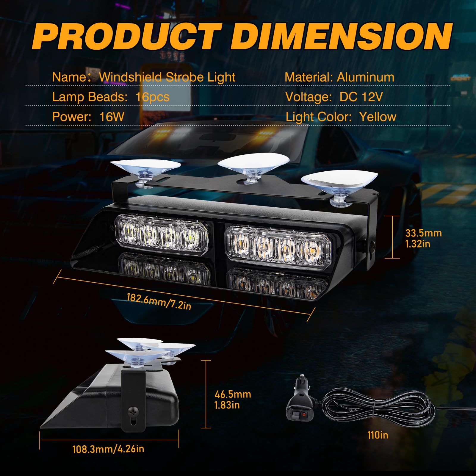 Luci stroboscopiche 2 in 1 per parabrezza, 12 V, 2 luci stroboscopiche di emergenza da 18 cm, con ventose, 16 LED, 18 modalità lampeggianti, barra per auto e veicoli