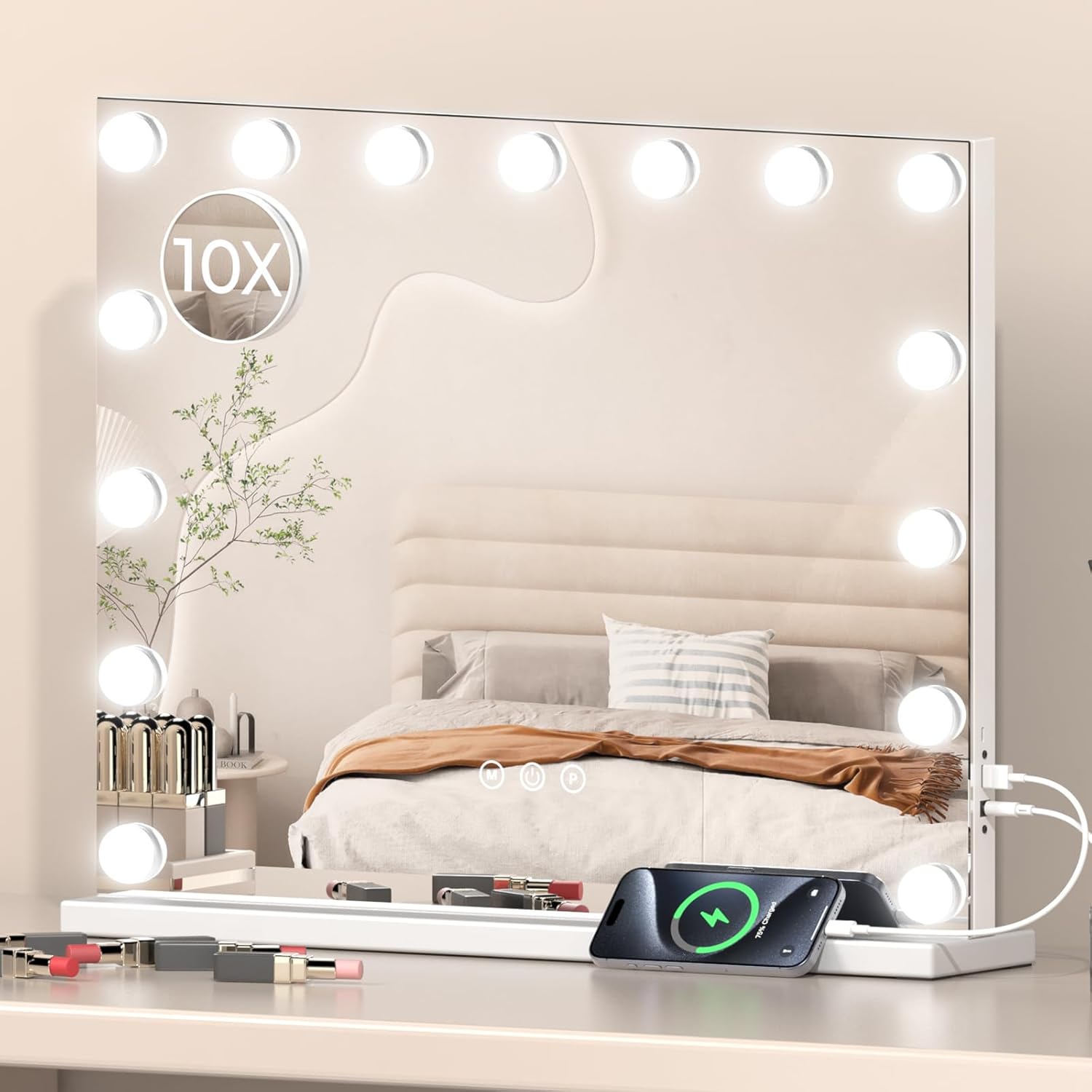 Vanity Mirror with Lights,22.8" x 18.1"Makeup Mirror with 15 Dimmable LED Bulbs,Hollywood Mirror with 3 Color Modes?Adjustable Brightness, USB Charging Port?Detachable 10x Magnification